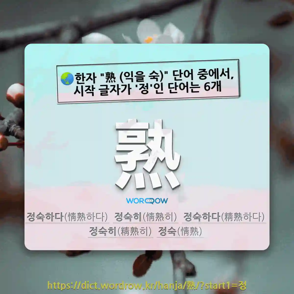 국어사전에서 🌏한자 熟 (익을 숙) 단어 중에서, 시작 글자가 정인 단어는 6개