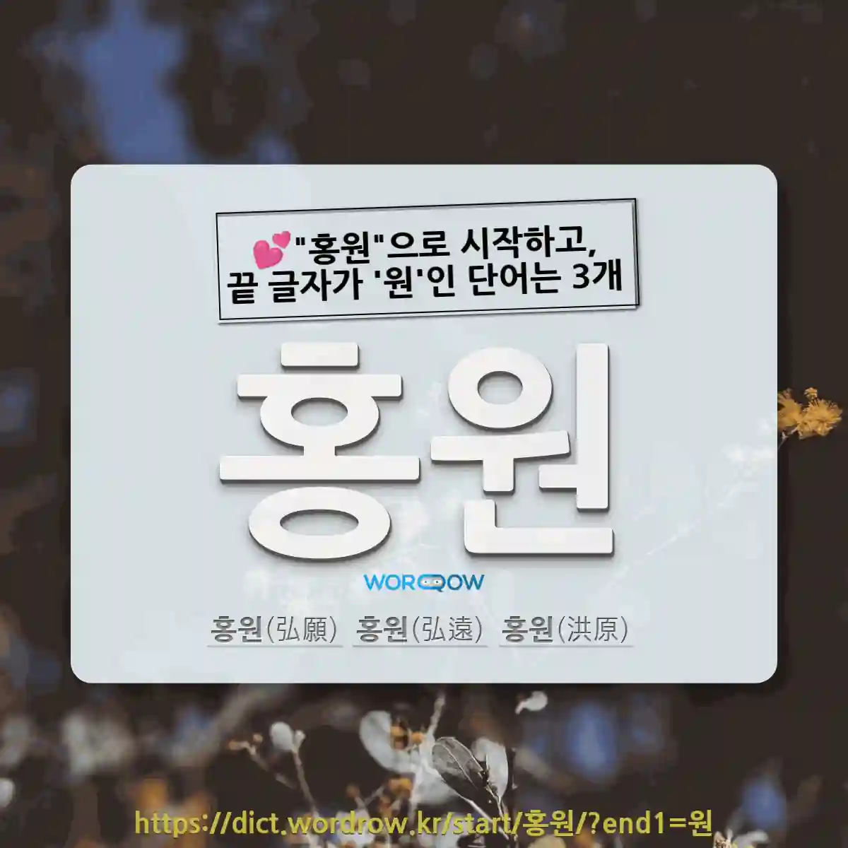 국어사전에서 💕홍원으로 시작하고, 끝 글자가 원인 단어는 3개